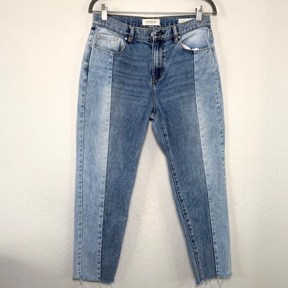 PacSun Two Tone Patchwork Jeans Size 28 High Rise Raw Frayed Hem Straight Leg